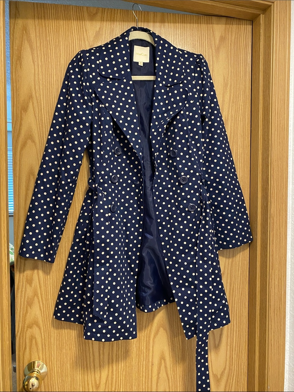 Modcloth Navy and White Polka Dot Double-Breasted Trench Coat